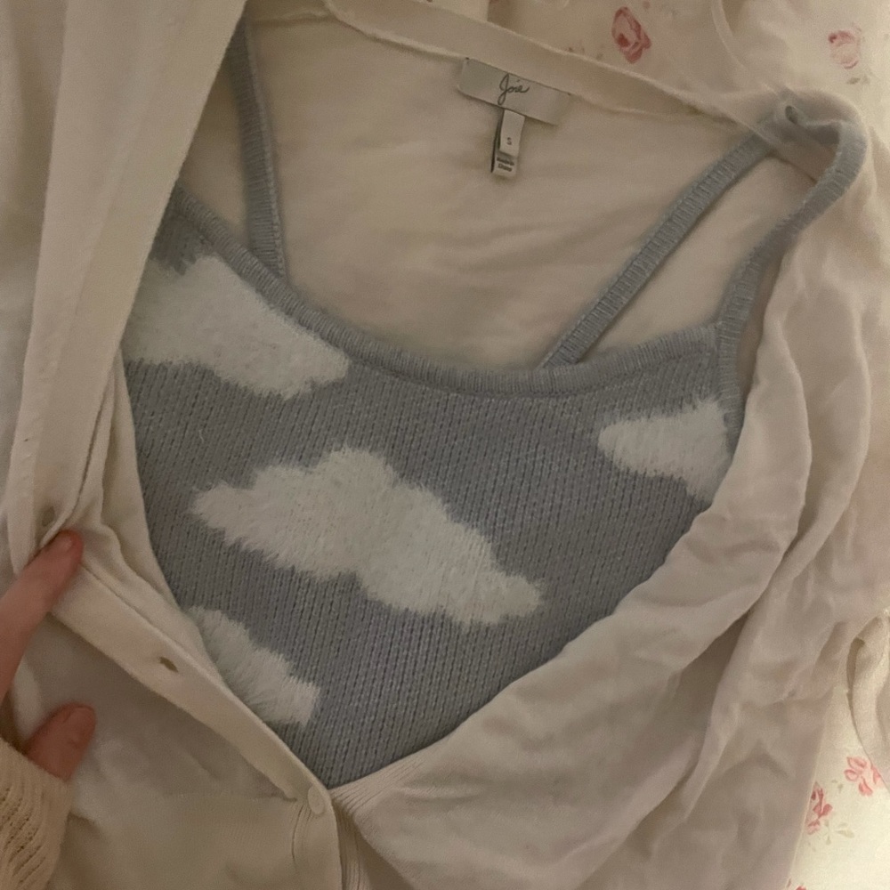 Pacsun cloud tank top with a Joie white cardigan.